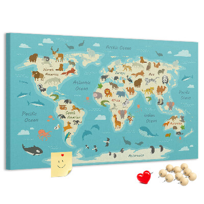 Tableau de liège Carte du monde avec les animaux sauvages