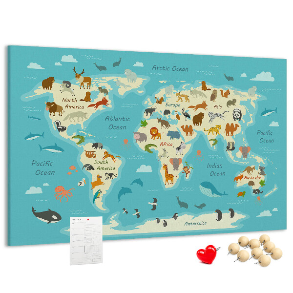 Tableau de liège Carte du monde avec les animaux sauvages