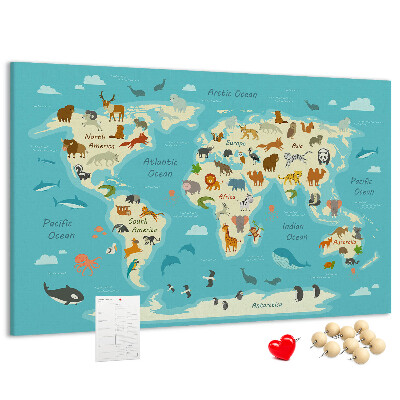 Tableau de liège Carte du monde avec les animaux sauvages