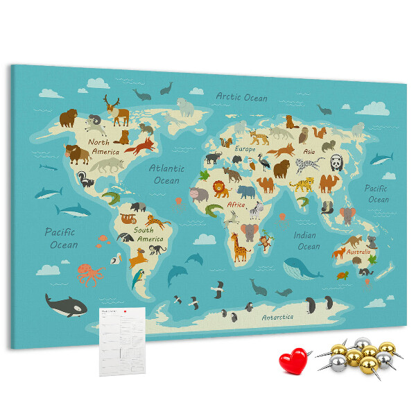 Tableau de liège Carte du monde avec les animaux sauvages