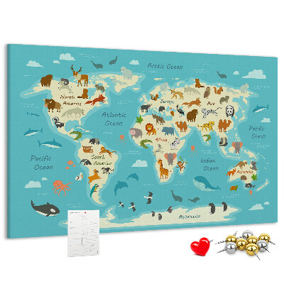 Tableau de liège Carte du monde avec les animaux sauvages
