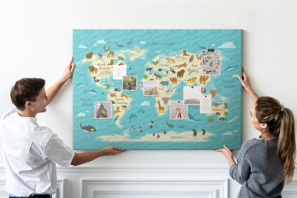 Tableau de liège Carte du monde avec les animaux sauvages