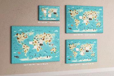 Tableau de liège Carte du monde avec les animaux sauvages