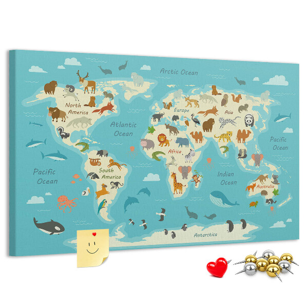 Tableau de liège Carte du monde avec les animaux sauvages