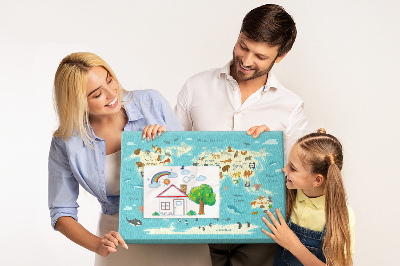 Tableau de liège Carte du monde avec les animaux sauvages