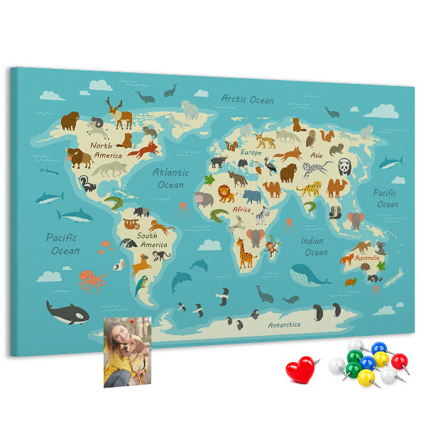 Tableau de liège Carte du monde avec les animaux sauvages