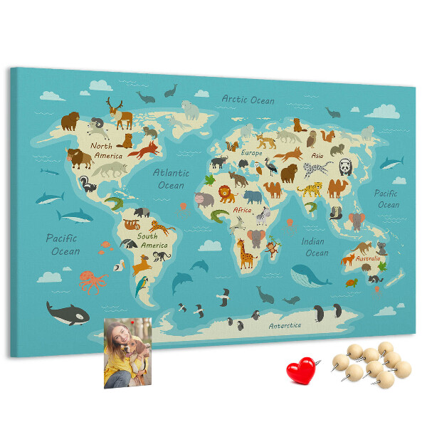 Tableau de liège Carte du monde avec les animaux sauvages