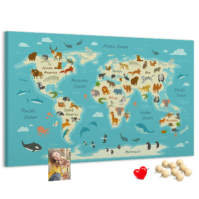 Tableau de liège Carte du monde avec les animaux sauvages