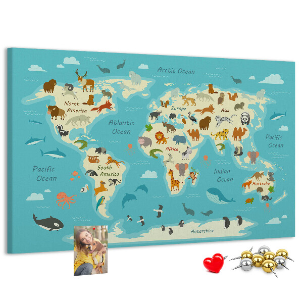 Tableau de liège Carte du monde avec les animaux sauvages