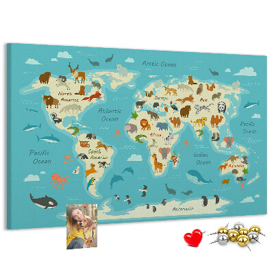 Tableau de liège Carte du monde avec les animaux sauvages