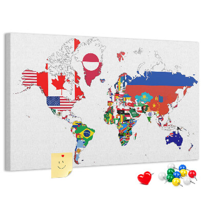 Tableau affichage liège Carte du monde avec les drapeaux des pays