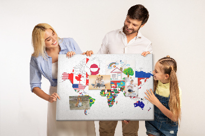 Tableau affichage liège Carte du monde avec les drapeaux des pays