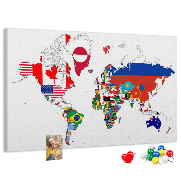 Tableau affichage liège Carte du monde avec les drapeaux des pays