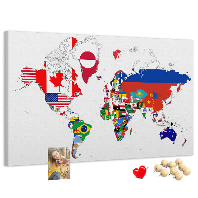 Tableau affichage liège Carte du monde avec les drapeaux des pays