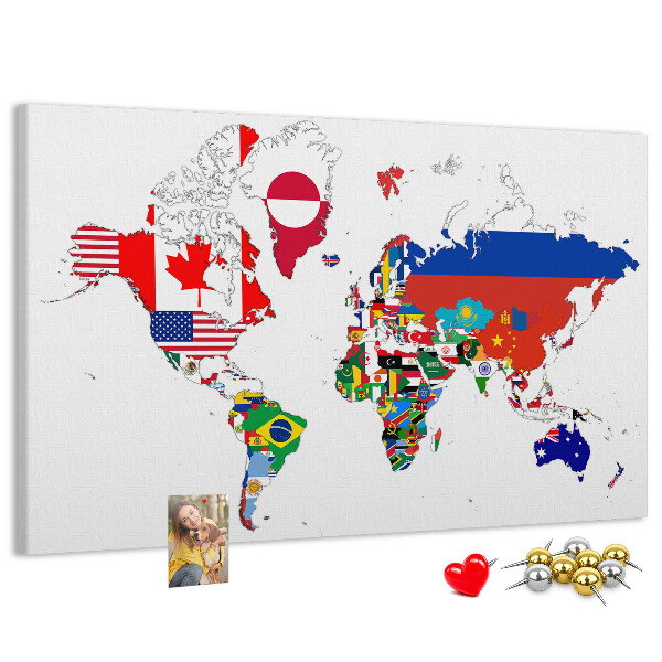 Tableau affichage liège Carte du monde avec les drapeaux des pays