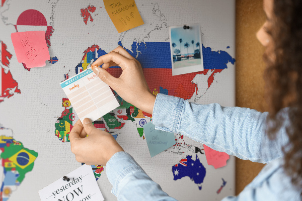 Tableau affichage liège Carte du monde avec les drapeaux des pays