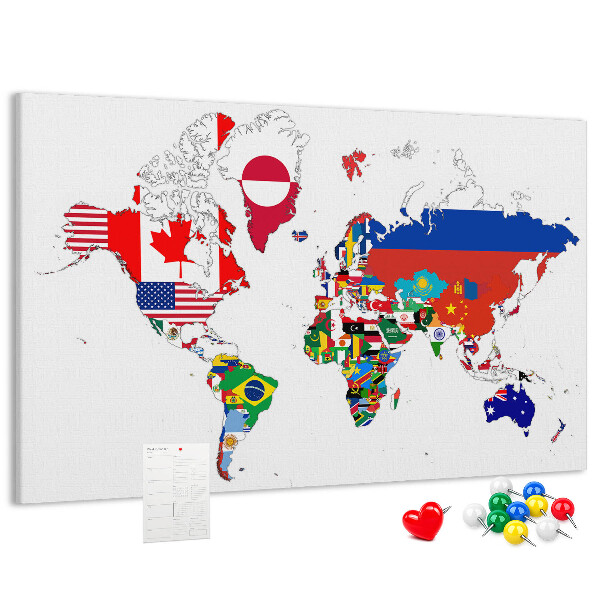 Tableau affichage liège Carte du monde avec les drapeaux des pays