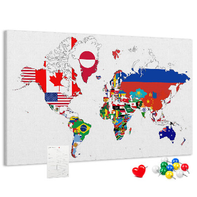 Tableau affichage liège Carte du monde avec les drapeaux des pays