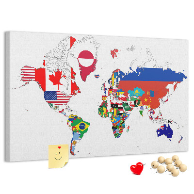 Tableau affichage liège Carte du monde avec les drapeaux des pays