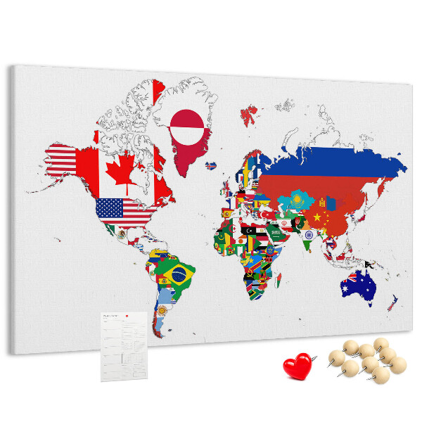 Tableau affichage liège Carte du monde avec les drapeaux des pays