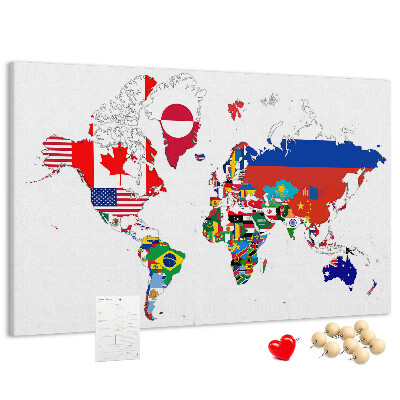 Tableau affichage liège Carte du monde avec les drapeaux des pays
