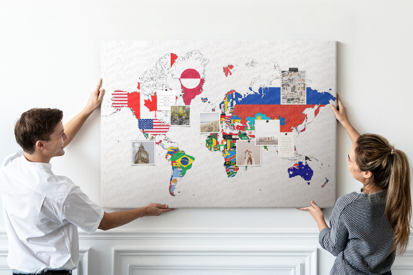 Tableau affichage liège Carte du monde avec les drapeaux des pays