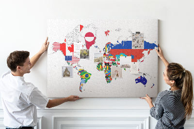 Tableau affichage liège Carte du monde avec les drapeaux des pays