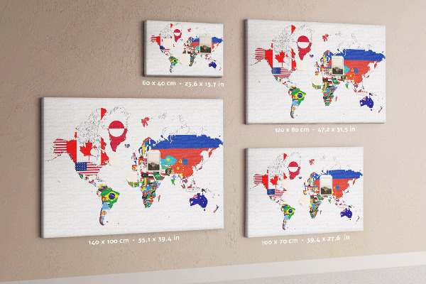 Tableau affichage liège Carte du monde avec les drapeaux des pays