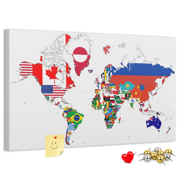 Tableau affichage liège Carte du monde avec les drapeaux des pays
