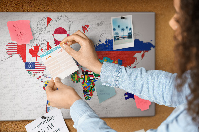 Tableau affichage liège Carte du monde avec les drapeaux des pays
