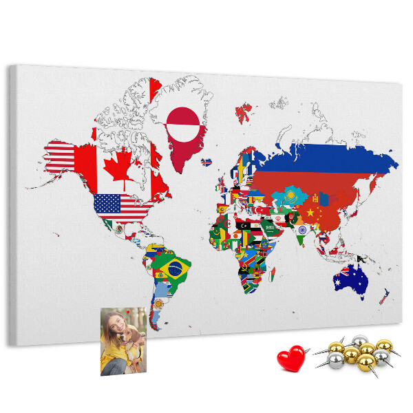 Tableau affichage liège Carte du monde avec les drapeaux des pays