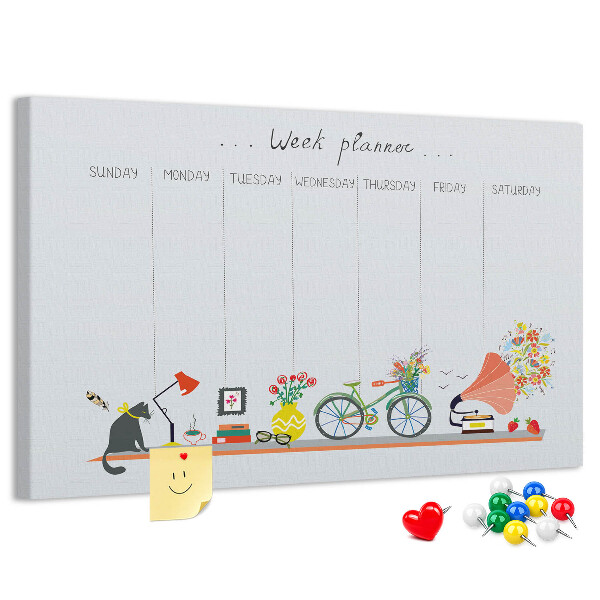 Tableau en liège Agenda hebdomadaire coloré sur le thème du bureau