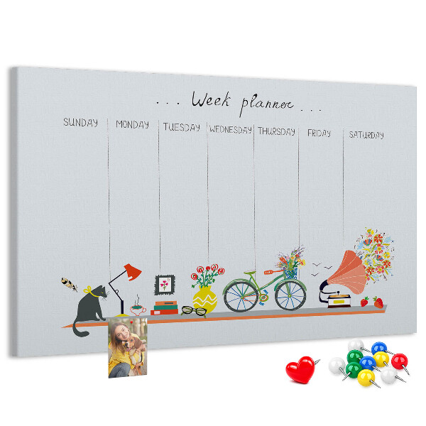 Tableau en liège Agenda hebdomadaire coloré sur le thème du bureau
