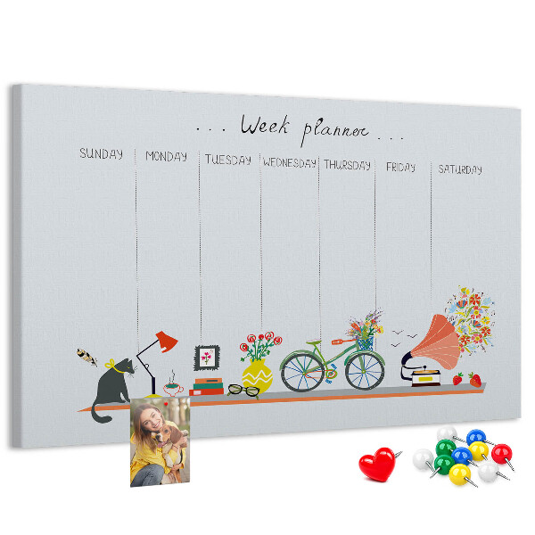 Tableau en liège Agenda hebdomadaire coloré sur le thème du bureau