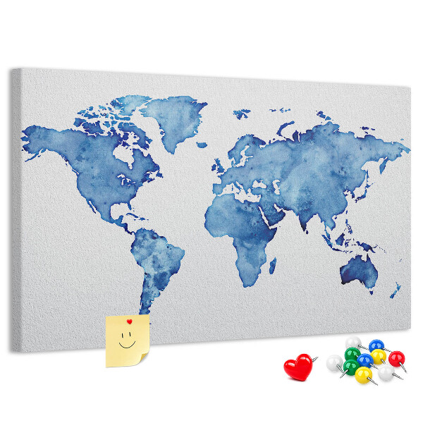 Tableau affichage liège Peinture à l'aquarelle bleue d'une carte du monde