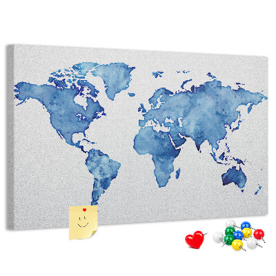 Tableau affichage liège Peinture à l'aquarelle bleue d'une carte du monde