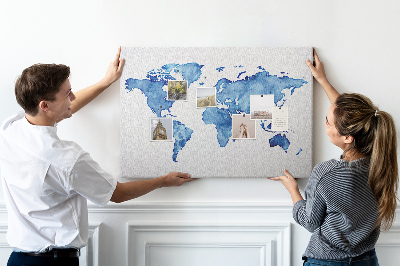 Tableau affichage liège Peinture à l'aquarelle bleue d'une carte du monde