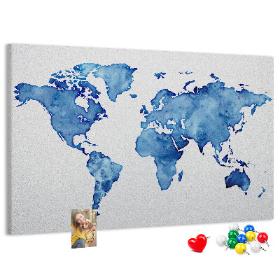 Tableau affichage liège Peinture à l'aquarelle bleue d'une carte du monde