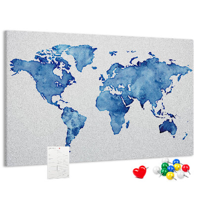 Tableau affichage liège Peinture à l'aquarelle bleue d'une carte du monde