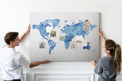 Tableau affichage liège Peinture à l'aquarelle bleue d'une carte du monde
