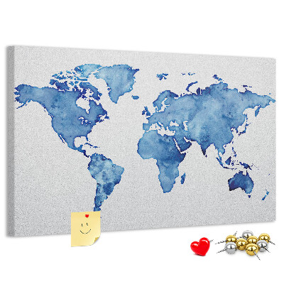 Tableau affichage liège Peinture à l'aquarelle bleue d'une carte du monde