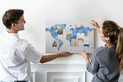 Tableau affichage liège Peinture à l'aquarelle bleue d'une carte du monde