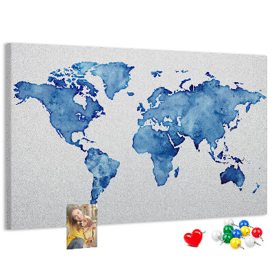 Tableau affichage liège Peinture à l'aquarelle bleue d'une carte du monde