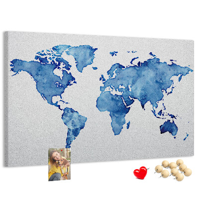 Tableau affichage liège Peinture à l'aquarelle bleue d'une carte du monde