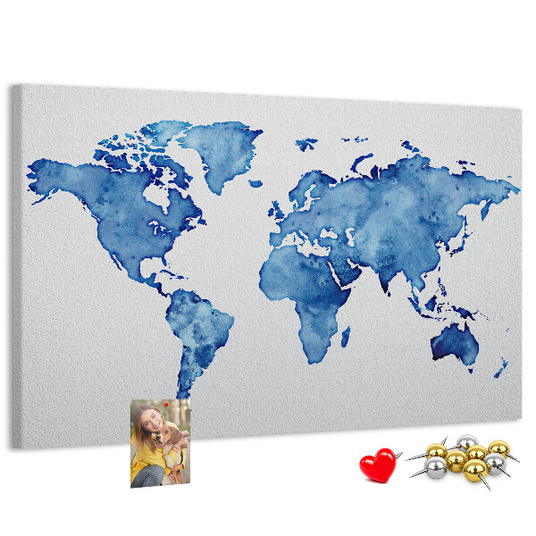 Tableau affichage liège Peinture à l'aquarelle bleue d'une carte du monde
