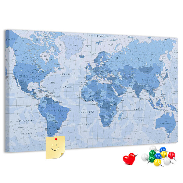 Tableau en liège Carte du monde en nuances de bleu.