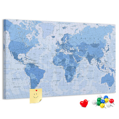 Tableau en liège Carte du monde en nuances de bleu.
