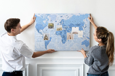 Tableau en liège Carte du monde en nuances de bleu.