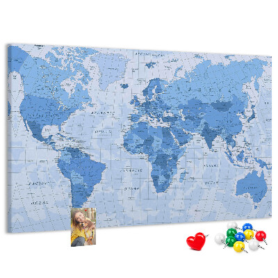 Tableau en liège Carte du monde en nuances de bleu.
