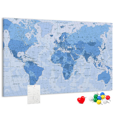 Tableau en liège Carte du monde en nuances de bleu.